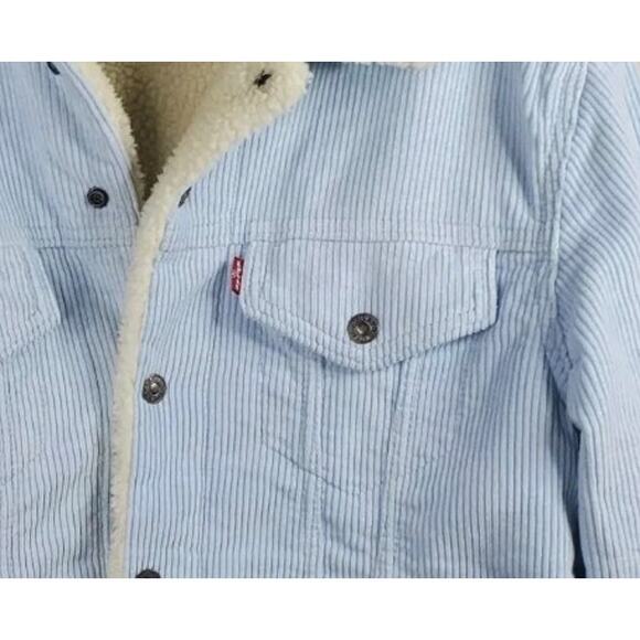 Levi's Corduroy Ex-Boyfriend Sherpa Trucker Jacket Light Ice Baby Blue Medium - Picture 4 of 8